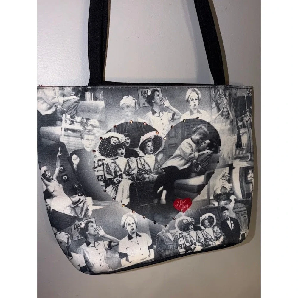 Vintage I Love Lucy Tote Bag Black White Photo Collage Heart Rhinestone Shoulder